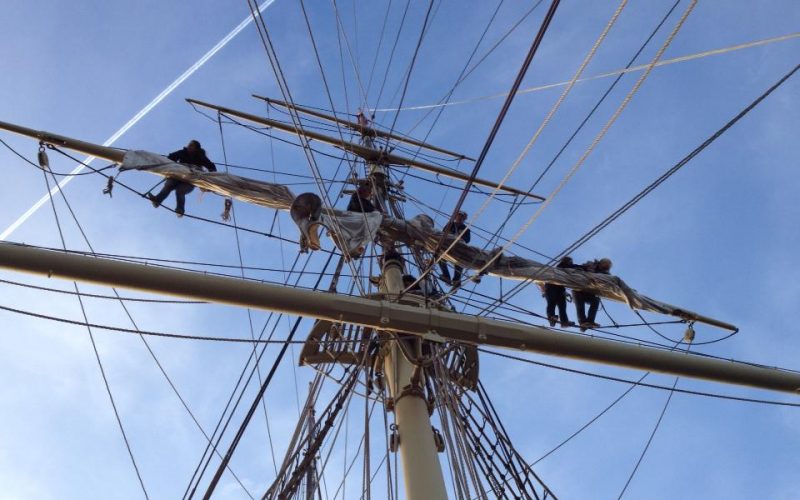A photo looking up the mast of a tall ship